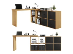 Escrivaninha giratória 360° 260×48×78 cm - com 4 compartimentos - 4 gavetas - MDF - natural + preto