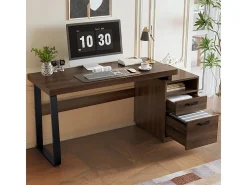 Escrivaninha moderna para computador em MDF+Metal - com armazenamento aberto e 2 gavetas - Marrom - 161x54x76,3cm