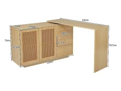 Escrivaninha para computador extensível - com 3 gavetas e 2 portas de rattan - função giratória - MDF - 126x40x75cm