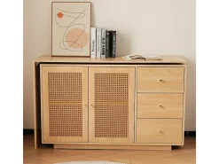 Escrivaninha para computador extensível - com 3 gavetas e 2 portas de rattan - função giratória - MDF - 126x40x75cm