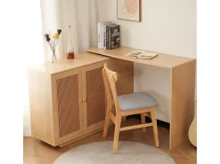 Escrivaninha para computador extensível - com 3 gavetas e 2 portas de rattan - função giratória - MDF - 126x40x75cm