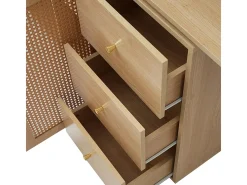 Escrivaninha para computador extensível - com 3 gavetas e 2 portas de rattan - função giratória - MDF - 126x40x75cm