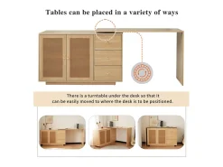 Escrivaninha para computador extensível - com 3 gavetas e 2 portas de rattan - função giratória - MDF - 126x40x75cm