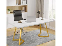 Escrivaninha para computador - 140 x 80 x 75 cm - Mesa de computador - Mesa de escritório - Mesa de trabalho - Mesa de escritório - Branco e dourado