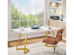 Escrivaninha para computador - 140 x 80 x 75 cm - Mesa de computador - Mesa de escritório - Mesa de trabalho - Mesa de escritório - Branco e dourado
