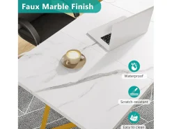 Escrivaninha para computador - 140 x 80 x 75 cm - Mesa de computador - Mesa de escritório - Mesa de trabalho - Mesa de escritório - Branco e dourado