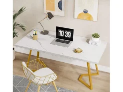 Escrivaninha para computador - 140 x 80 x 75 cm - Mesa de computador - Mesa de escritório - Mesa de trabalho - Mesa de escritório - Branco e dourado