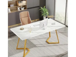 Escrivaninha para computador - 140 x 80 x 75 cm - Mesa de computador - Mesa de escritório - Mesa de trabalho - Mesa de escritório - Branco e dourado