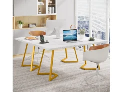 Escrivaninha para computador - 140 x 80 x 75 cm - Mesa de computador - Mesa de escritório - Mesa de trabalho - Mesa de escritório - Branco e dourado