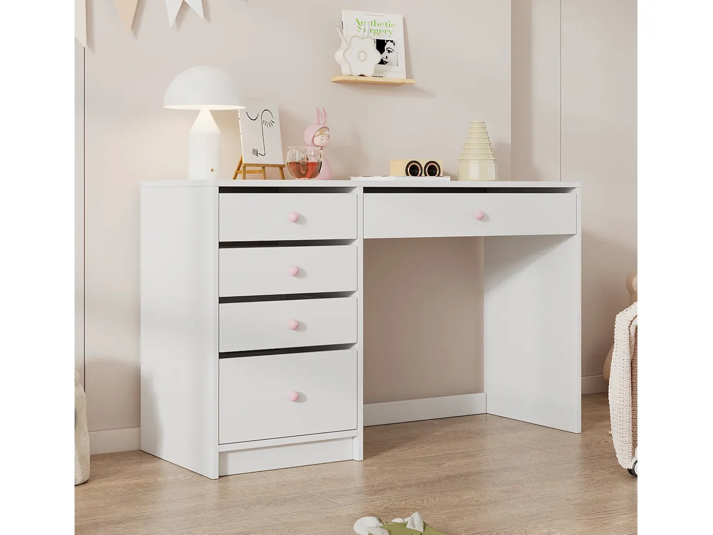 Escrivaninha 120x45x74 cm - 5 gavetas - puxadores de cerâmica rosa - MDF - branco