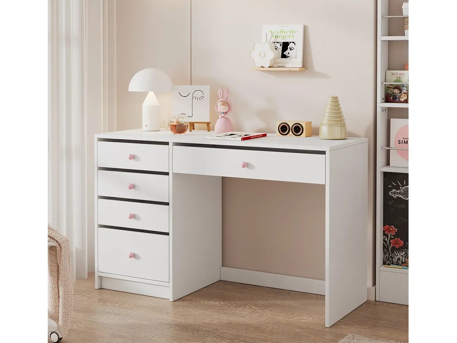Escrivaninha 120x45x74 cm - 5 gavetas - puxadores de cerâmica rosa - MDF - branco