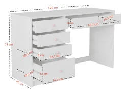 Escrivaninha 120x45x74 cm - 5 gavetas - puxadores de cerâmica rosa - MDF - branco