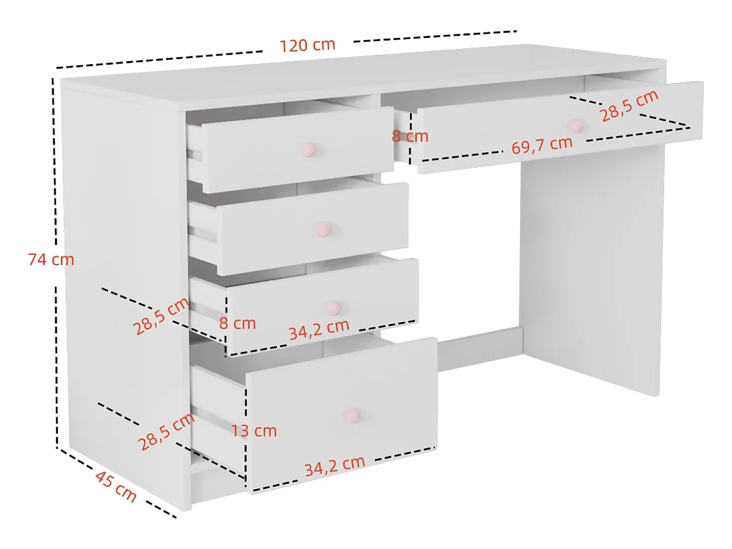 Escrivaninha 120x45x74 cm - 5 gavetas - puxadores de cerâmica rosa - MDF - branco