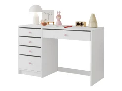 Escrivaninha 120x45x74 cm - 5 gavetas - puxadores de cerâmica rosa - MDF - branco