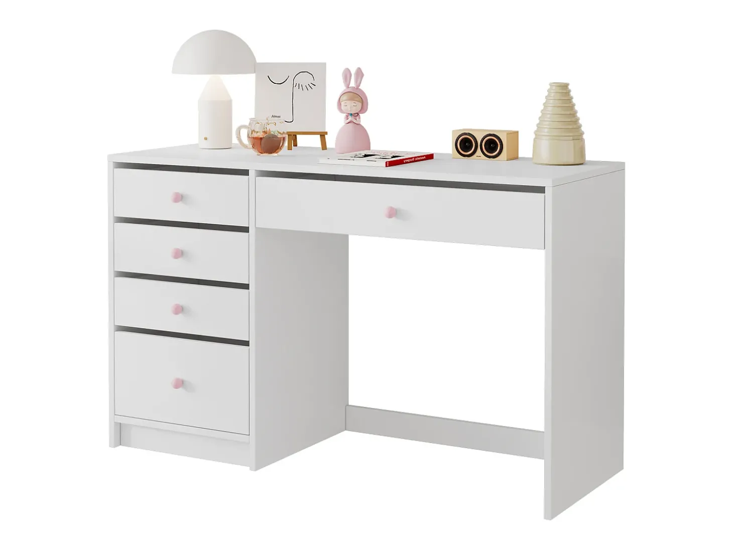 Escrivaninha 120x45x74 cm - 5 gavetas - puxadores de cerâmica rosa - MDF - branco