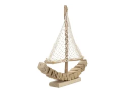 Escultura De Veleiro Em Madeira Com Rede Em Tecido 45x45x7cm Enok Mauro Ferretti
