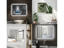 Espelho de banheiro com iluminação LED 80 x 60 cm, Iluminação tricolor, função antiembaçante, brilho ajustável, recurso de memória de desligamento