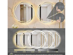 Espelho de banheiro de parede, espelho de banheiro LED, espelho antiembaçante iluminado, espelho conectado, 3 telas sensíveis ao toque, 60x60 cm