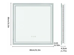 Espelho de banheiro LED 80x80cm espelho de parede quadrado com 3 cores ajustáveis ​​80x80cm