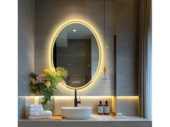 Espelho de banheiro oval LED antiembaçante com iluminação de 3 cores ajustáveis ​​60x80cm
