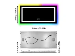 Espelho de banheiro 140x70cm RGB e LED ajustável + antiembaçante + Bluetooth 5.2 + Relógio + 3 cores 4 botões