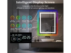 Espelho de banheiro 90x70cm RGB e LED ajustável + antiembaçante + Bluetooth 5.2 + Relógio + 3 cores 4 botões