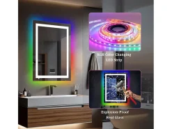 Espelho de banheiro 90x70cm RGB e LED ajustável + antiembaçante + Bluetooth 5.2 + Relógio + 3 cores 4 botões