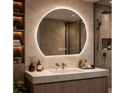 Espelho de casa de banho redondo com LED, 80 cm, prateado, com função anti-embaciamento - Vidro e metal