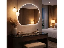 Espelho de casa de banho redondo com LED, 80 cm, prateado, com função anti-embaciamento - Vidro e metal