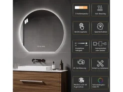 Espelho de casa de banho redondo com LED, 80 cm, prateado, com função anti-embaciamento - Vidro e metal