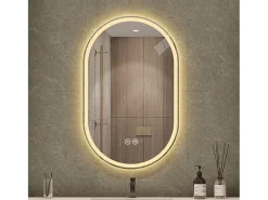 Espelho de casa de banho oval com LED, 60x90 cm, com função anti-embaciamento e vidro prateado anti-embaciamento.