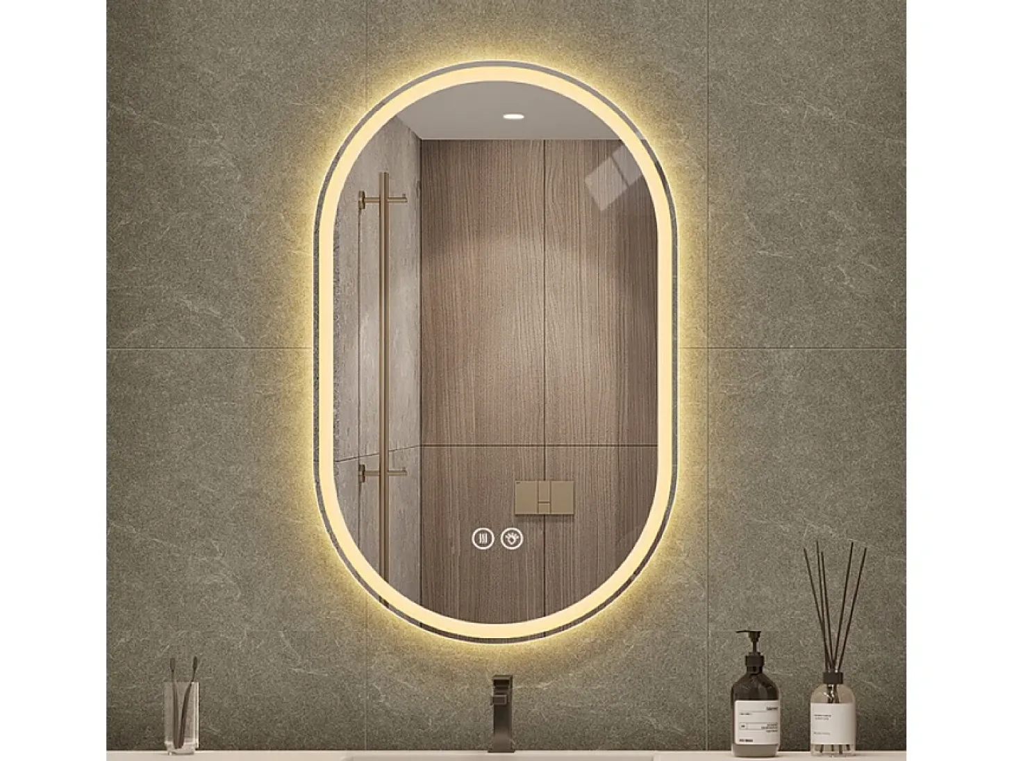 Espelho de casa de banho oval com LED, 60x90 cm, com função anti-embaciamento e vidro prateado anti-embaciamento.