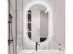 Espelho de casa de banho oval com LED, 60x90 cm, com função anti-embaciamento e vidro prateado anti-embaciamento.