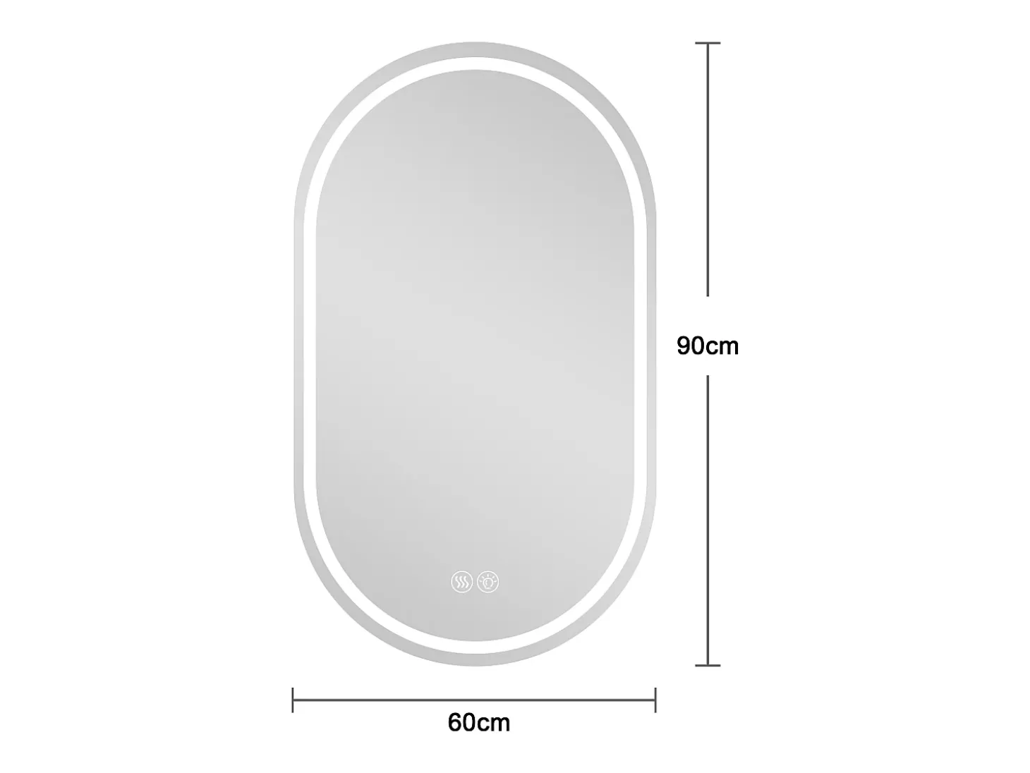 Espelho de casa de banho oval com LED, 60x90 cm, com função anti-embaciamento e vidro prateado anti-embaciamento.