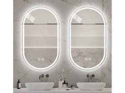 Espelho de casa de banho oval com LED, 60x90 cm, com função anti-embaciamento e vidro prateado anti-embaciamento.