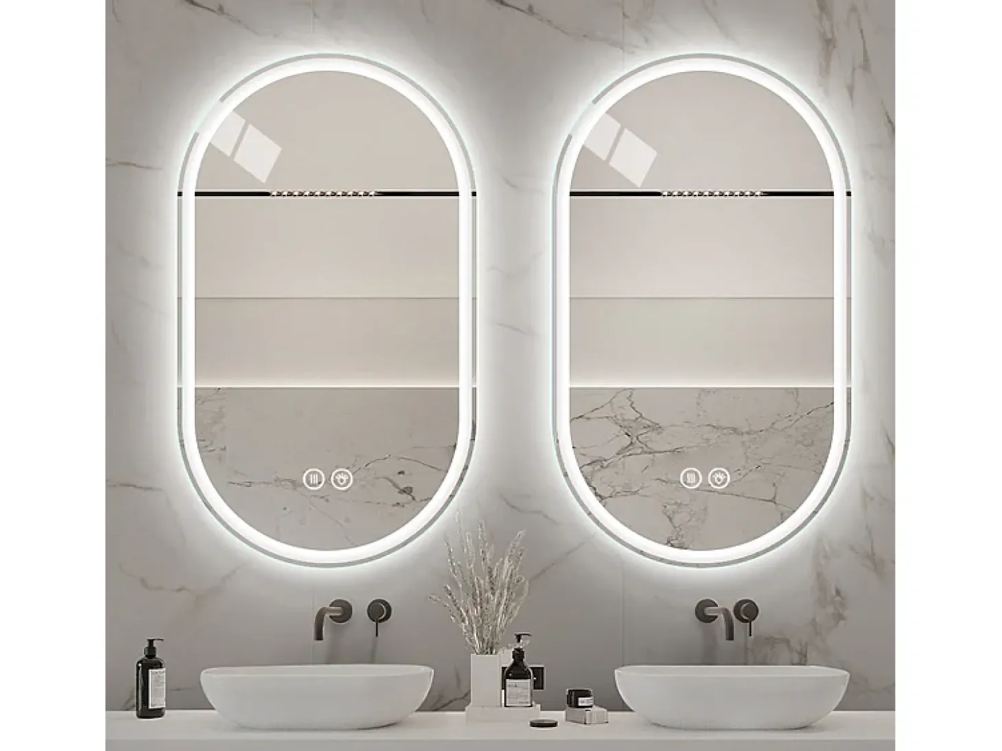 Espelho de casa de banho oval com LED, 60x90 cm, com função anti-embaciamento e vidro prateado anti-embaciamento.