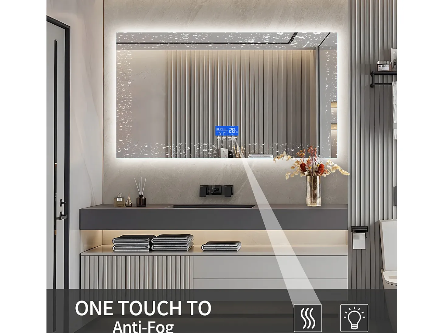 Espelho de Casa de Banho com Iluminação - 100 x 60 cm - Espelho de Casa de Banho LED - com Toque, Anti-embaciamento, Relógio, Temperatura, Regulável