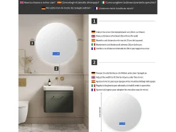Espelho de casa de banho desembaciador sem moldura com visor de temperatura, 3 níveis de brilho, redondo, diâmetro 100 cm