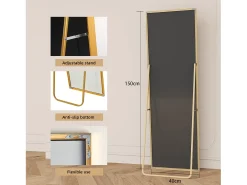Espelho de corpo inteiro 150 x 40 cm, acabamento dourado com moldura de alumínio, para uso de mesa ou parede, formato retangular.