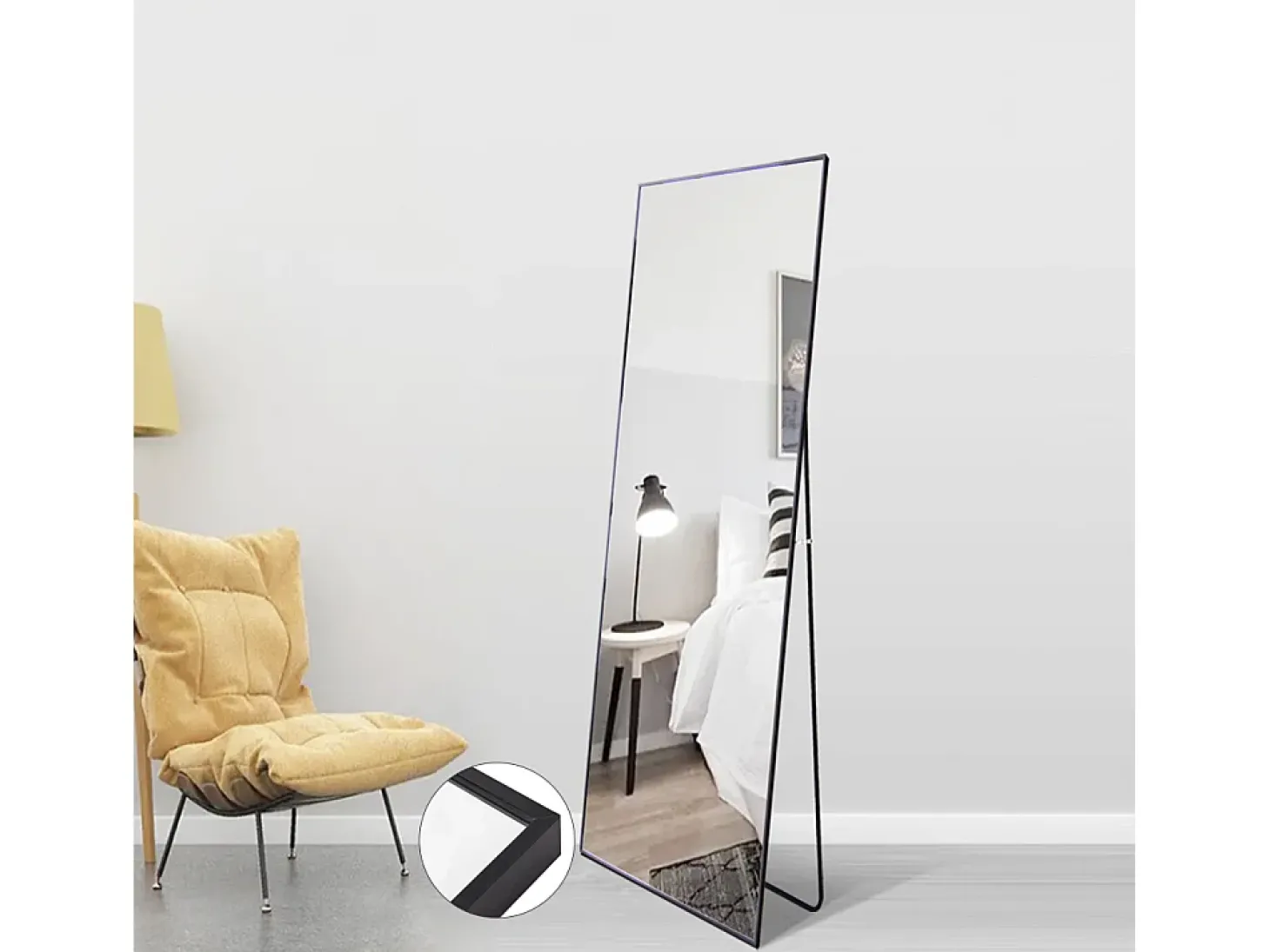 Espelho de corpo inteiro 150 x 40 cm preto com moldura de alumínio, para uso de mesa ou parede, retangular