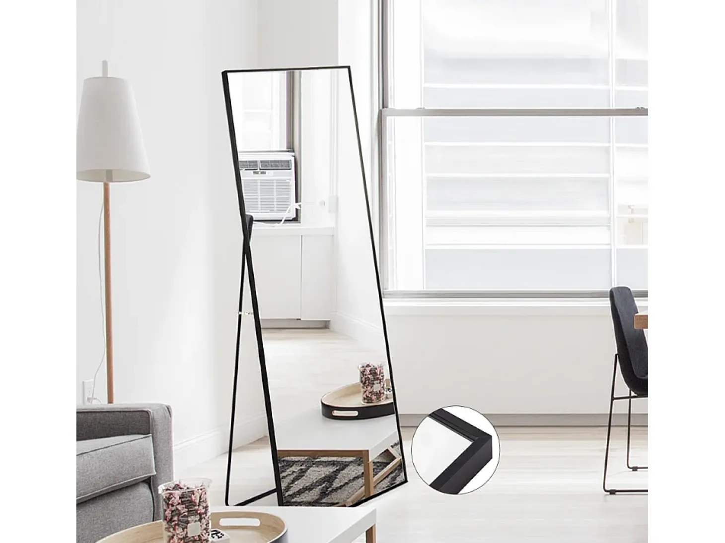 Espelho de corpo inteiro 150 x 40 cm preto com moldura de alumínio, para uso de mesa ou parede, retangular