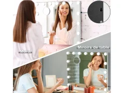 Espelho de maquiagem luminoso de Hollywood 15 lâmpadas, luminidade de controle de toque de cabeceira do espelho LED ajustável na mesa e na parede 58x48cm - branco