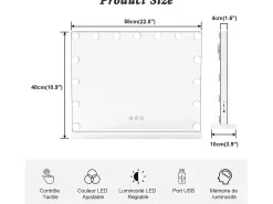 Espelho de maquiagem luminoso de Hollywood 15 lâmpadas, luminidade de controle de toque de cabeceira do espelho LED ajustável na mesa e na parede 58x48cm - branco