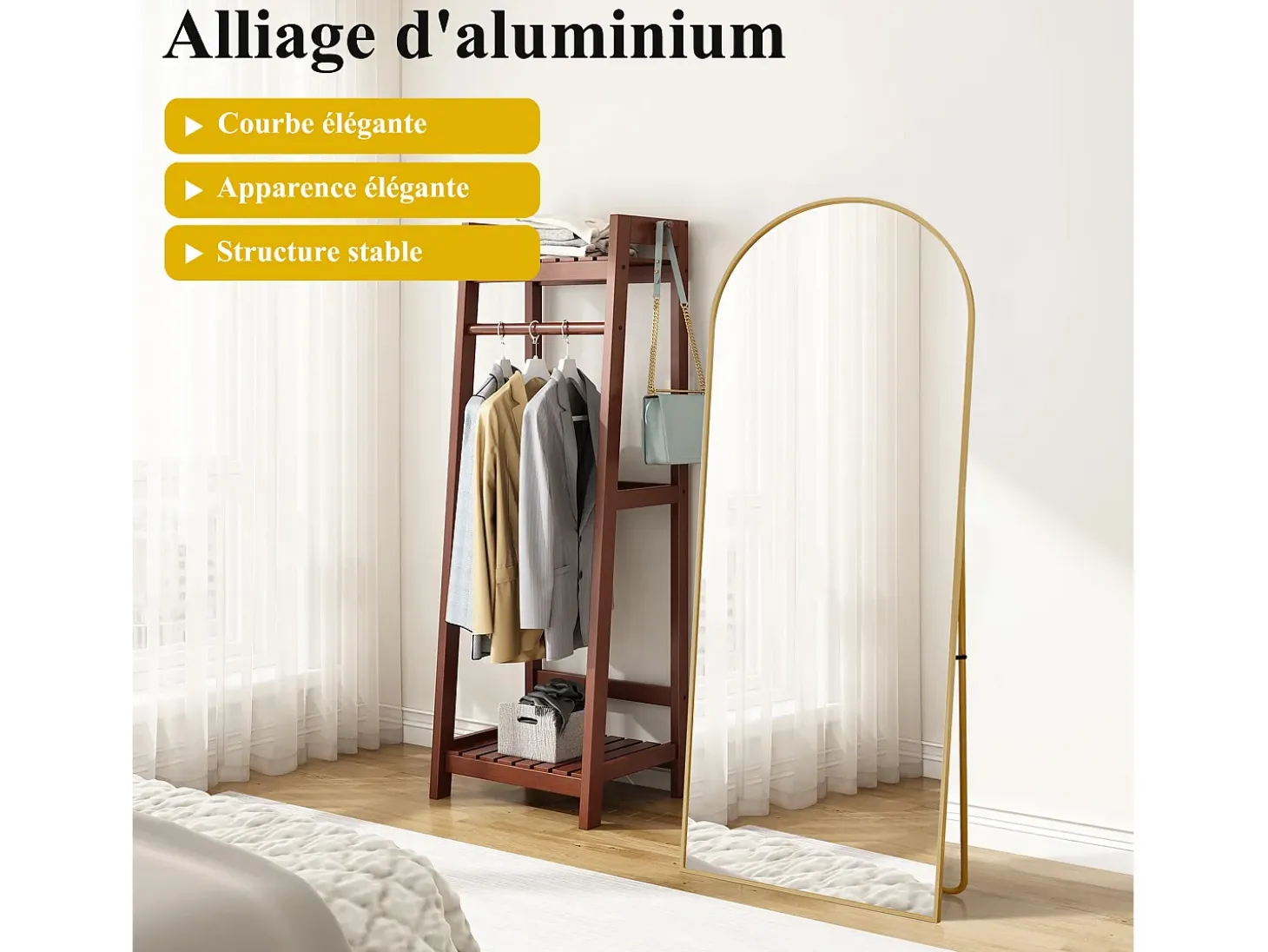 Espelho de pé arqueado 164×54 cm com moldura dourada – Design elegante e vintage, versátil (pode ser pendurado ou colocado sobre uma superfície).