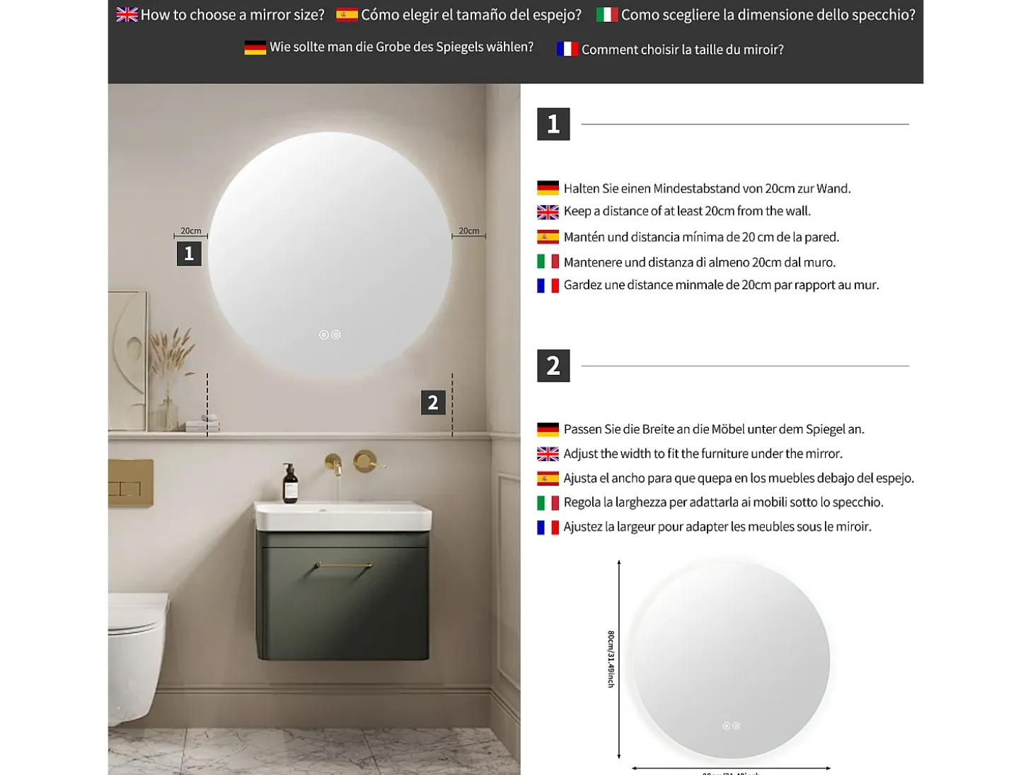 Espelho redondo de LED para banheiro de 80 cm - Iluminação, antiembaçante, 3 cores alteráveis