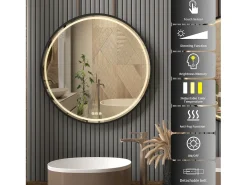 Espelho redondo LED para banheiro 80cm preto com 3 cores ajustáveis ​​antiembaçante 80x80cm