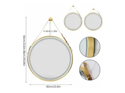 Espelho redondo LED para banheiro dourado com 3 cores reguláveis ​​antiembaçante 60x60cm