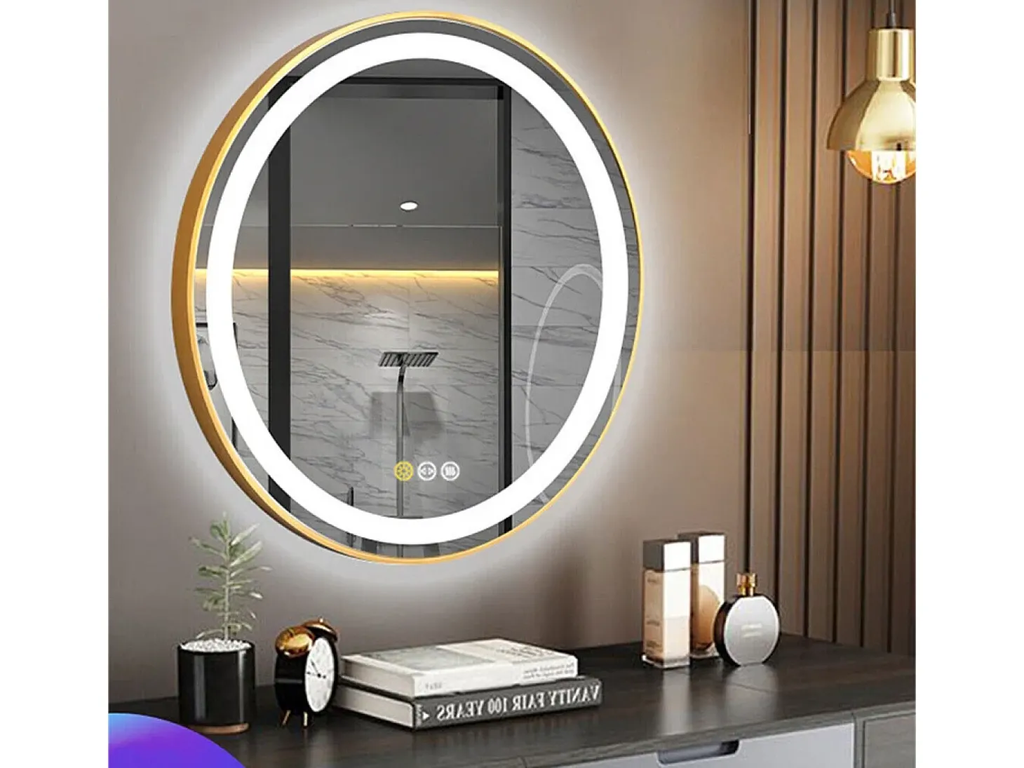 Espelho redondo LED para banheiro dourado com 3 cores reguláveis antiembaçante 60x60cm