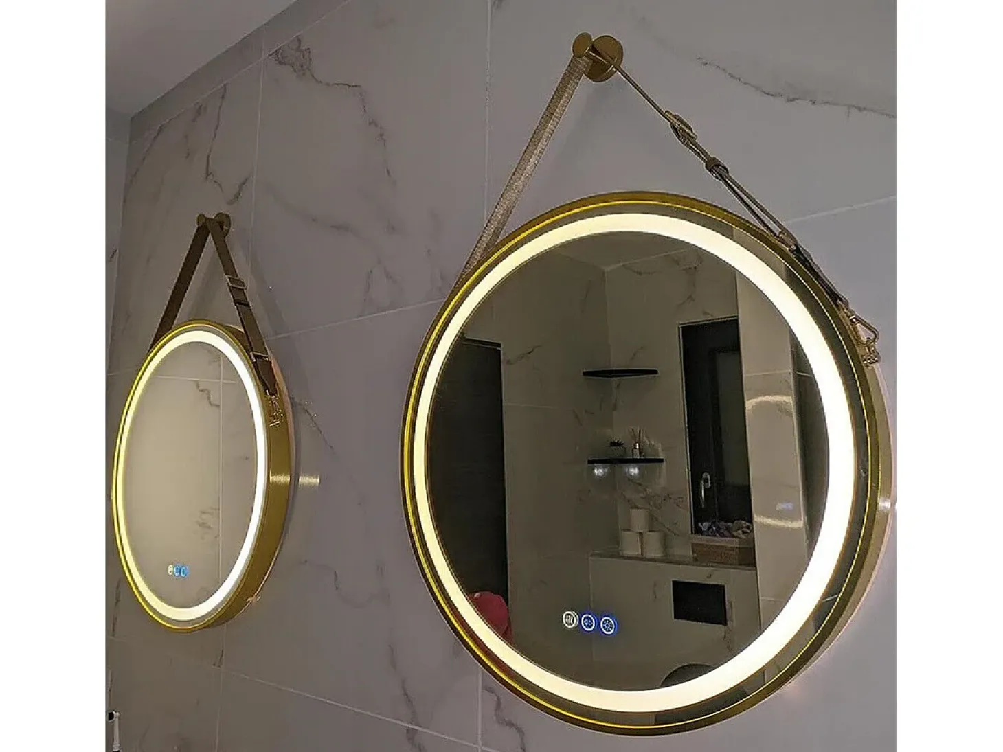 Espelho redondo LED para banheiro dourado com 3 cores reguláveis antiembaçante 60x60cm