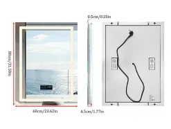 Espelho retangular iluminado para banheiro com LED regulável e 4 botões sensíveis ao toque - antiembaçante - 80x60cm